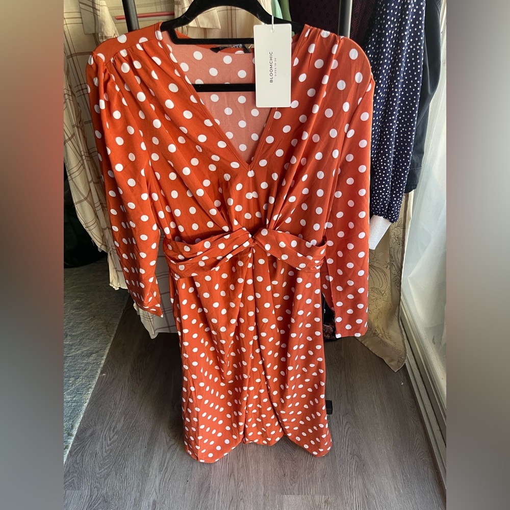 BloomChic Orange Polka Dot Long Sleeve Dress